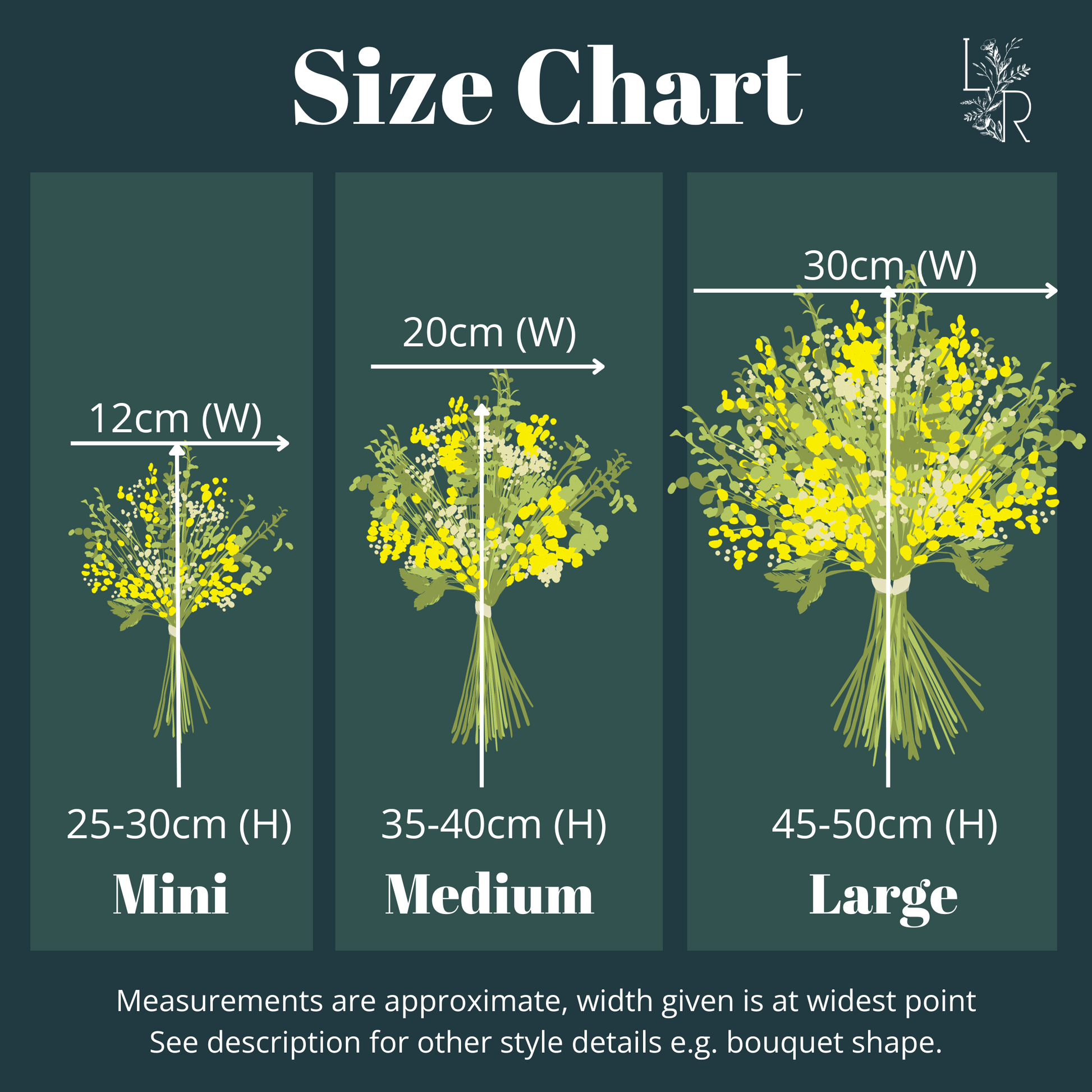 A size chart shows a diagram with three sizes of bouquet. The medium sized bouquet is shown to be 20cm wide and 35 to 40cm tall and the large size of bouquet is shown to be 30cm wide and 45 to 50cm tall. 