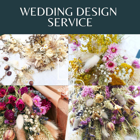 Four images of dried flower bouquets in various colors. Text reads "Wedding Design Service"