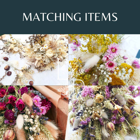 Four images of dried flower bouquets in various colors. Text reads "matching items"