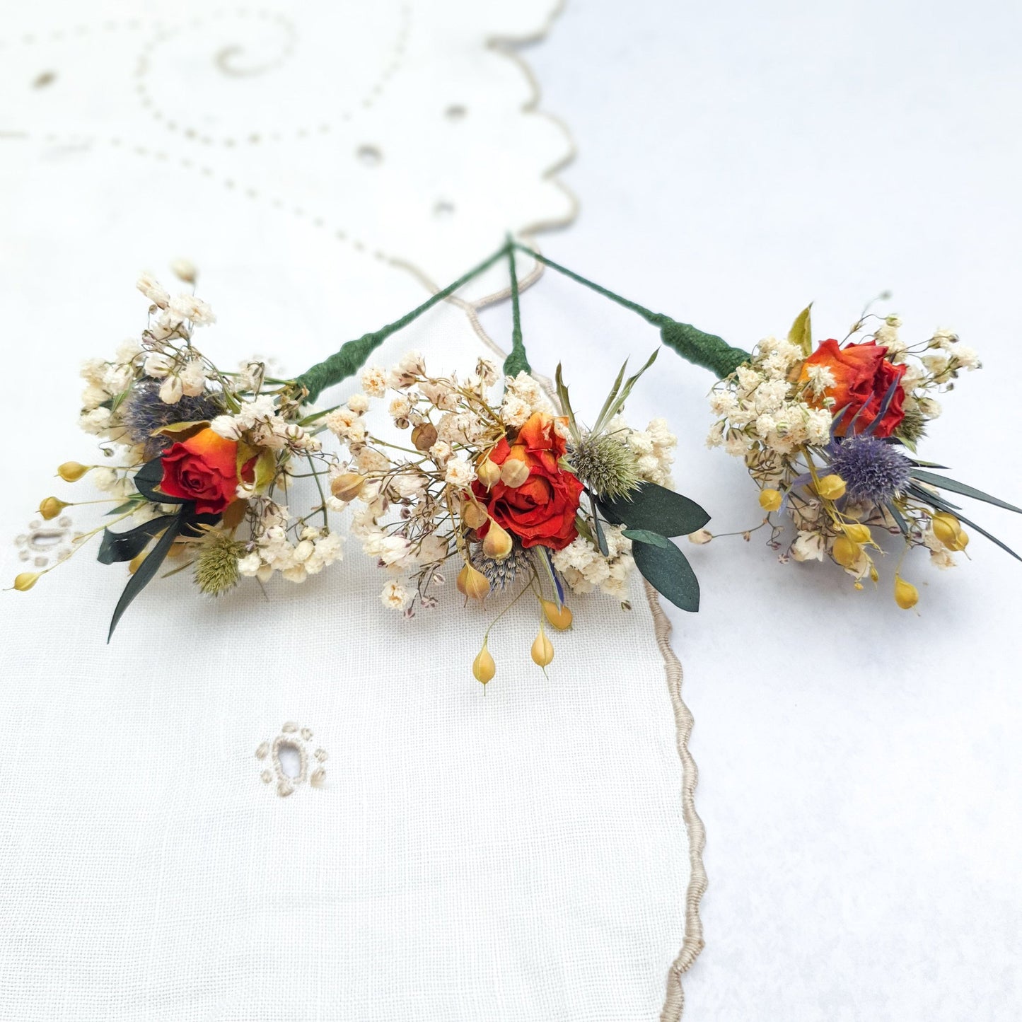 "Thistle and Roses" Dried Flower Rose Hair Pins- Orange & Blue - Lytton Rose Botanical