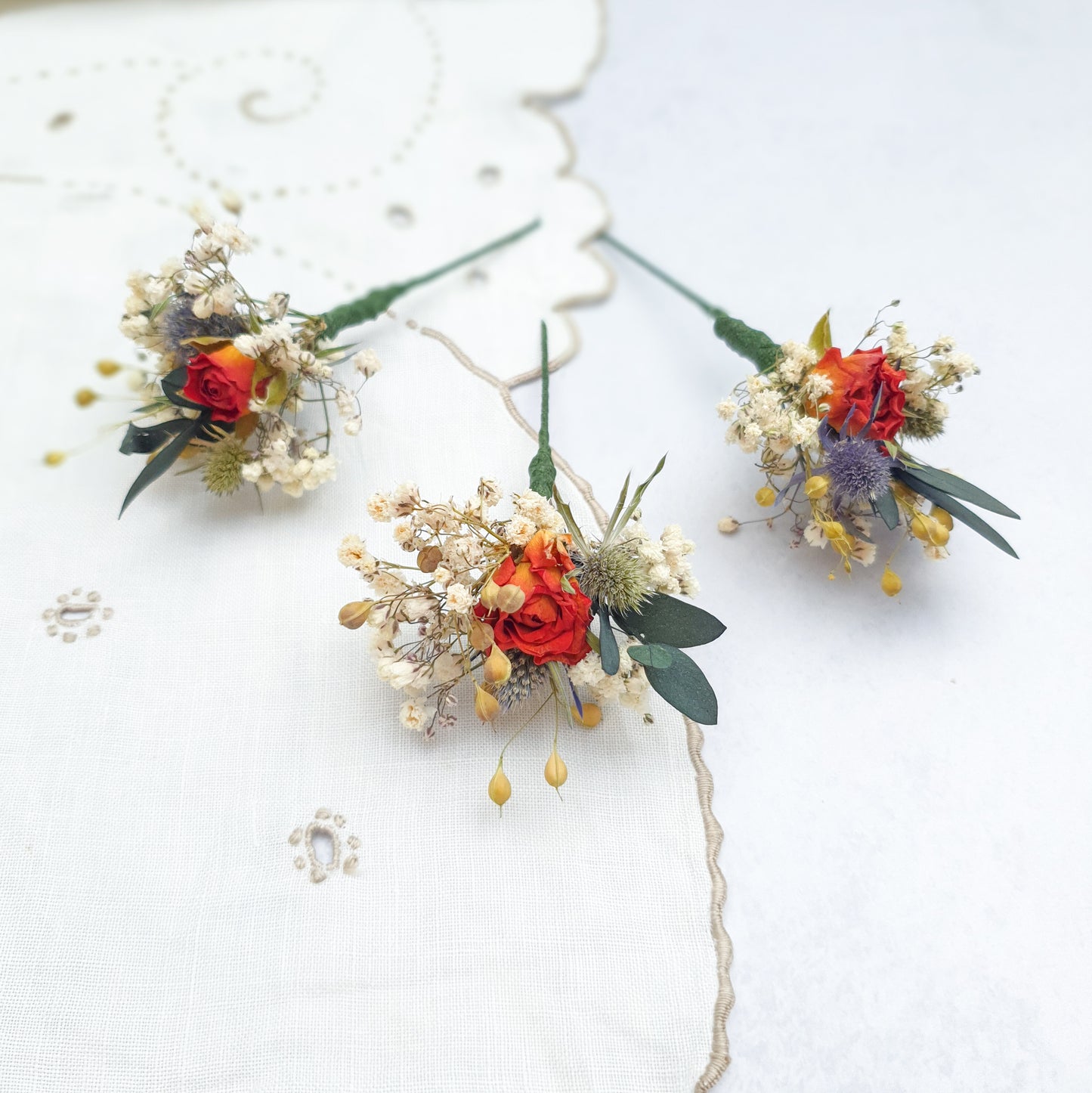 "Thistle and Roses" Dried Flower Rose Hair Pins- Orange & Blue - Lytton Rose Botanical