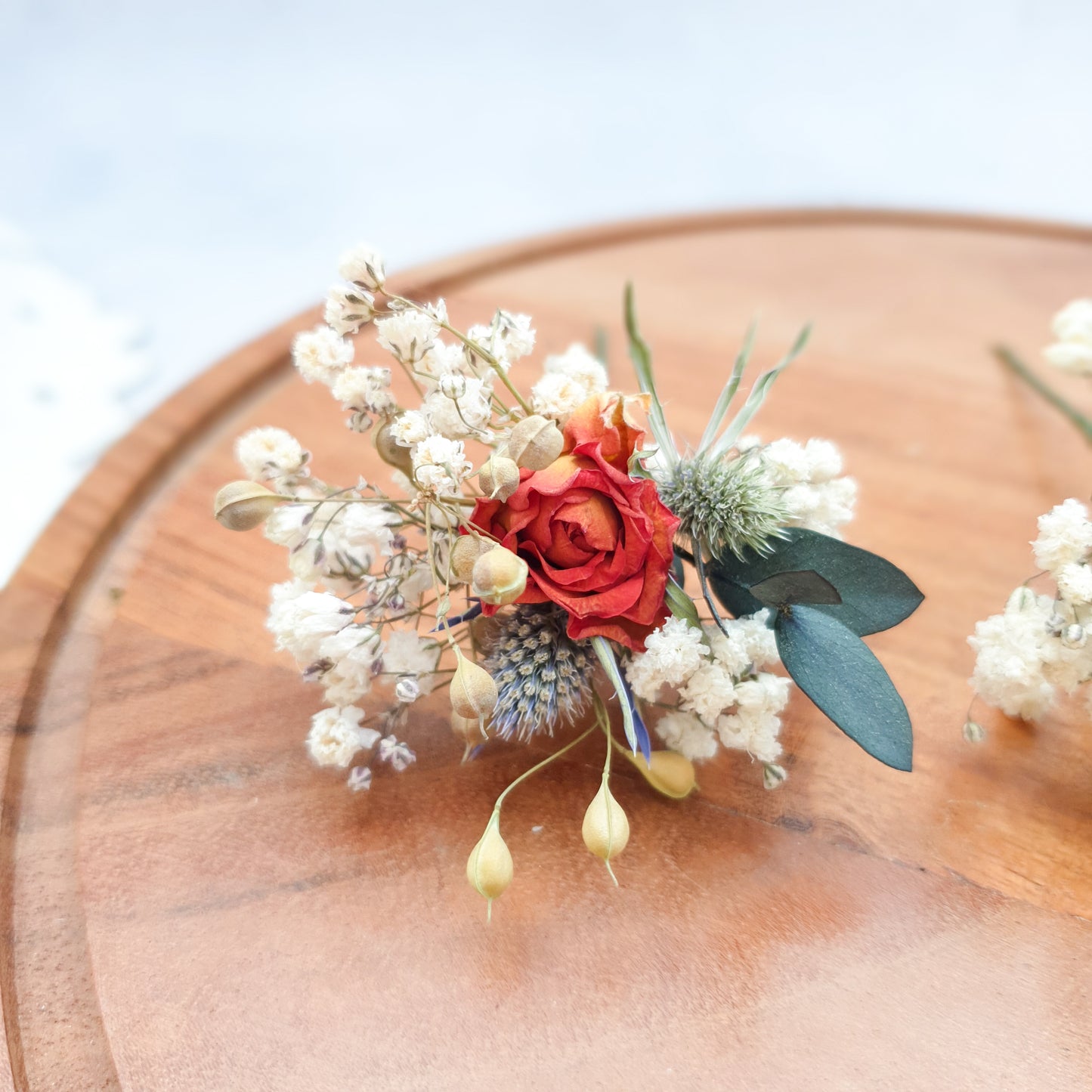 "Thistle and Roses" Dried Flower Rose Hair Pins- Orange & Blue - Lytton Rose Botanical