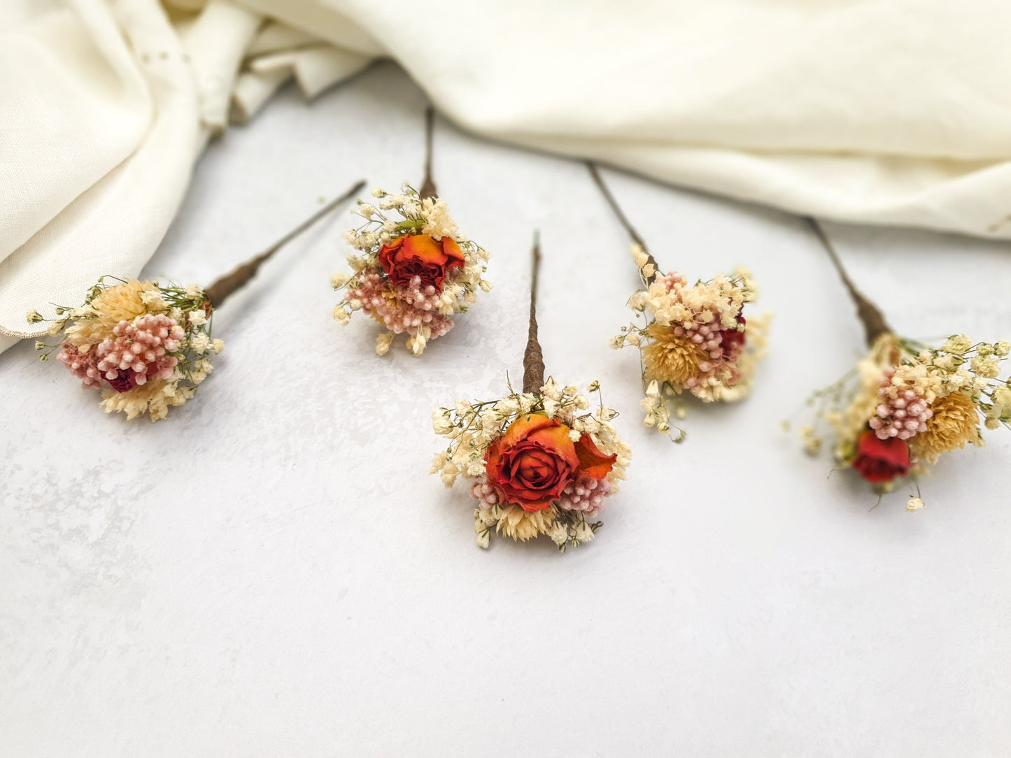 "Snowdonia Sunrise" Dried Flower Rose Hair Pins- Orange & Blush - Lytton Rose Botanical