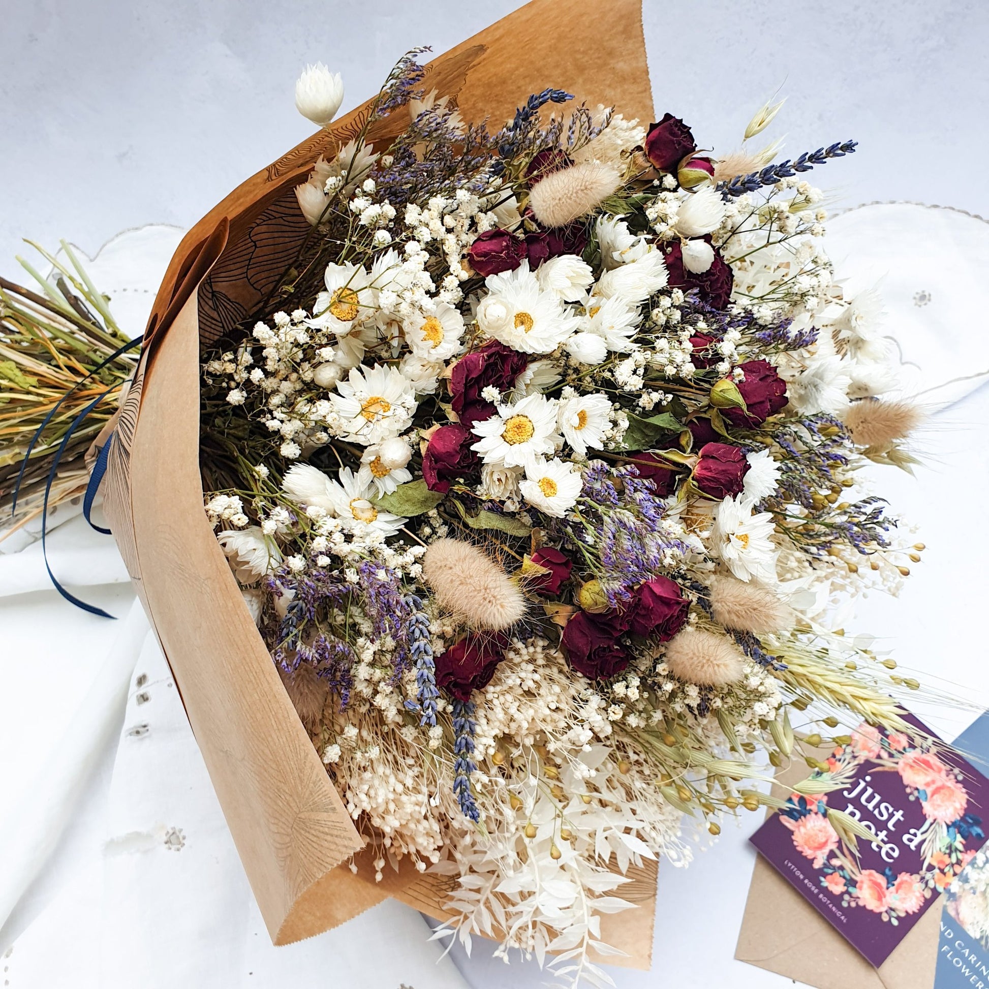 "Cottage Garden" Large Dried Flower Bouquet- Red Roses - Lytton Rose Botanical