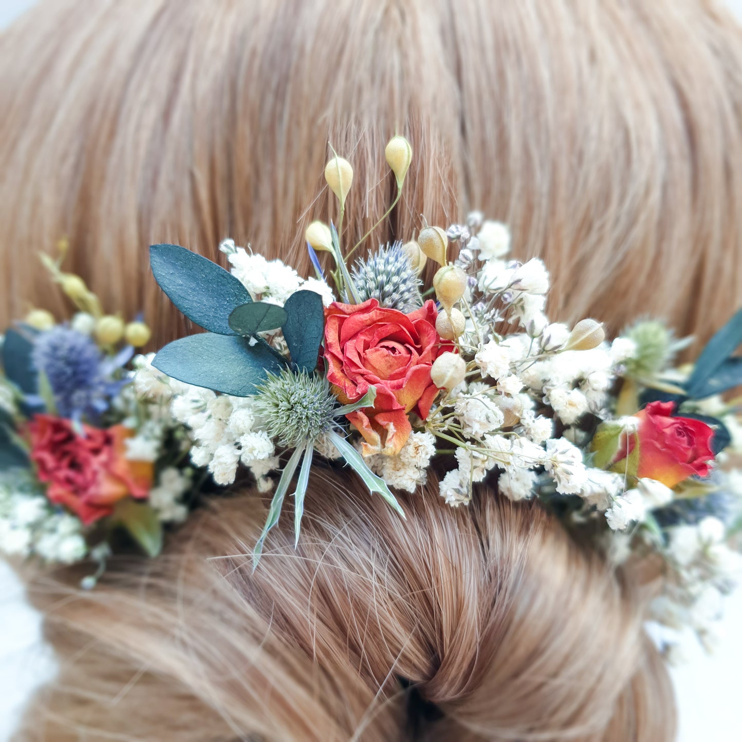 "Thistle and Roses" Dried Flower Rose Hair Pins- Orange & Blue - Lytton Rose Botanical