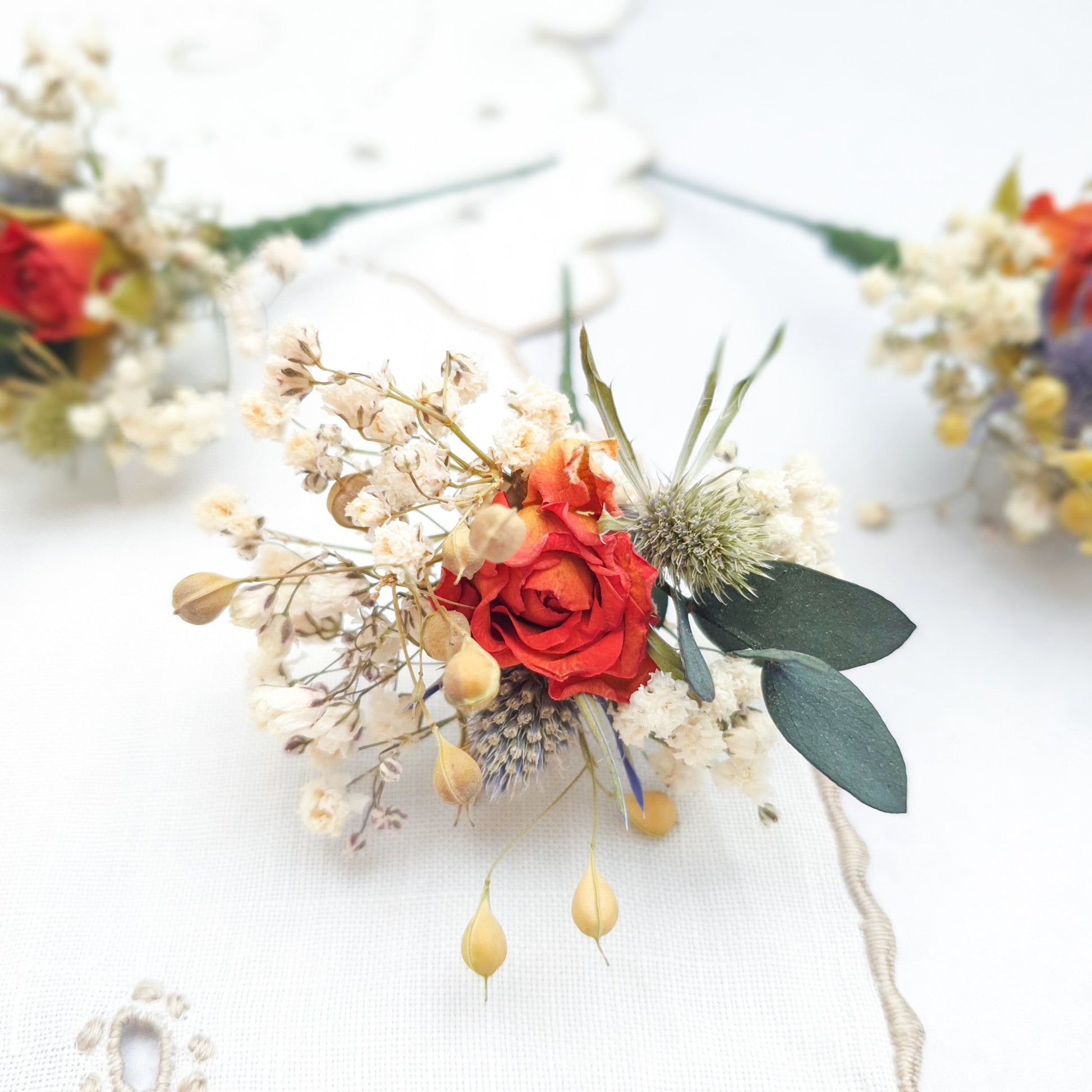 "Thistle and Roses" Dried Flower Rose Hair Pins- Orange & Blue - Lytton Rose Botanical