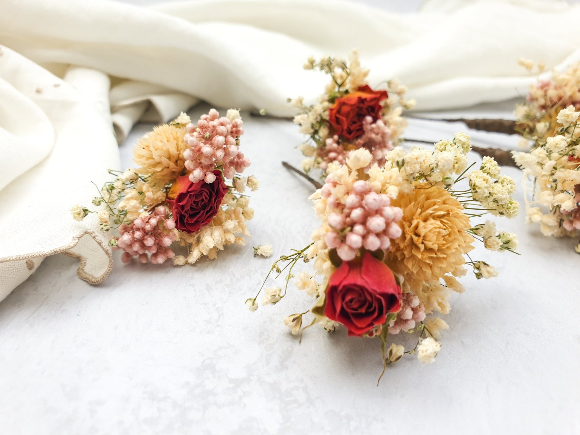 "Snowdonia Sunrise" Dried Flower Rose Hair Pins- Orange & Blush - Lytton Rose Botanical